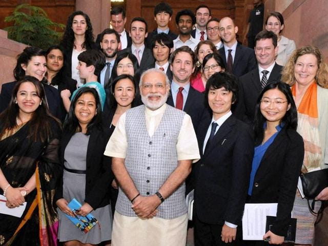 Prime Minister Narendra Modi interacts with Stanford University students, in New Delhi.(PTI Photo)