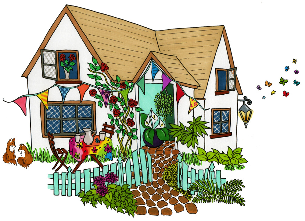 Hand drawn illustration of a cottage, with flowers and plants and a green fence and gate. There is a table and chairs out the front with a rainbow coloured table cloth and a wine carafe and glasses. There are colourful butterflies and colourful bunting, with a pair of foxes sitting to the side of the cottage