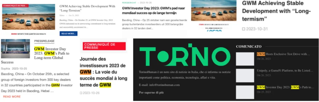 Examples of a commercial press release related to a company called Great Wall Motor being posted to six different PAPERWALL websites within the span of six days (25 to 31 October 2023). Note: we did not find any evidence that GWM was aware of its content being promoted as part of a deceptive coordinated campaign.