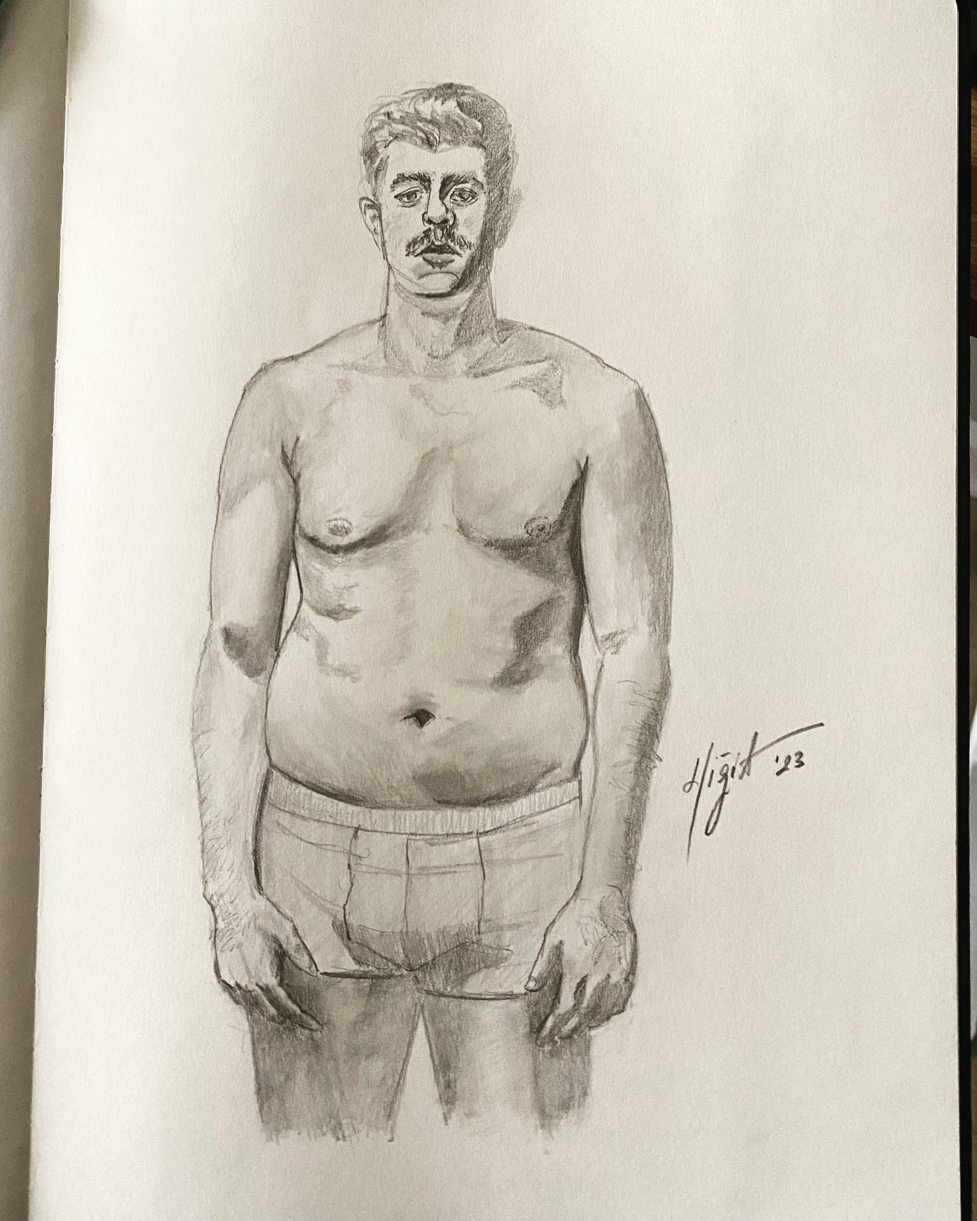 a pencil sketch of a pretty average, maybe slightly pudgy mustached man in his boxer shorts