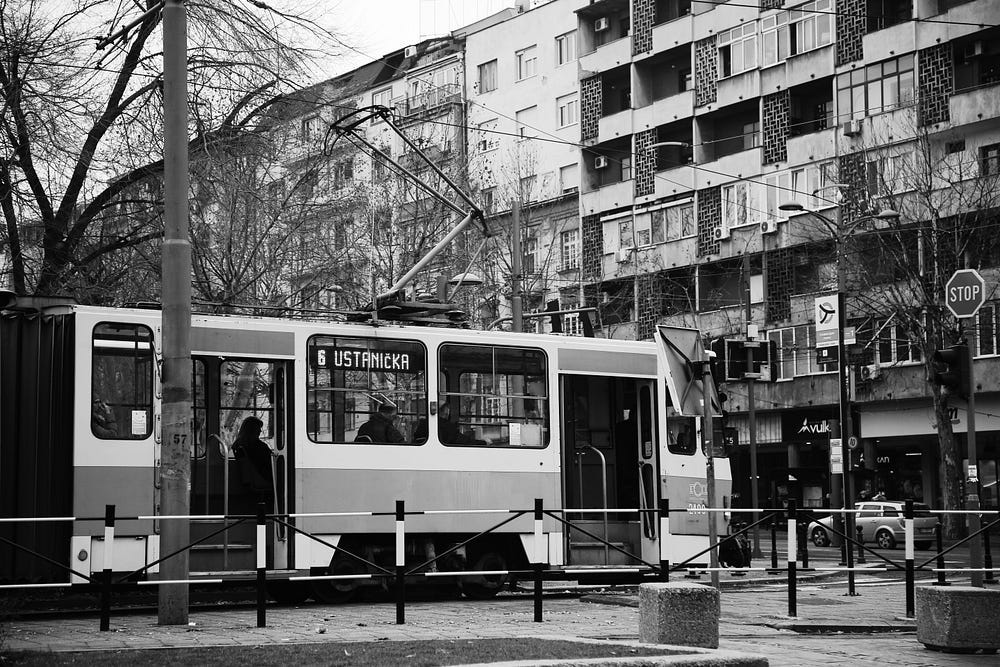 black and white photo of a bus.