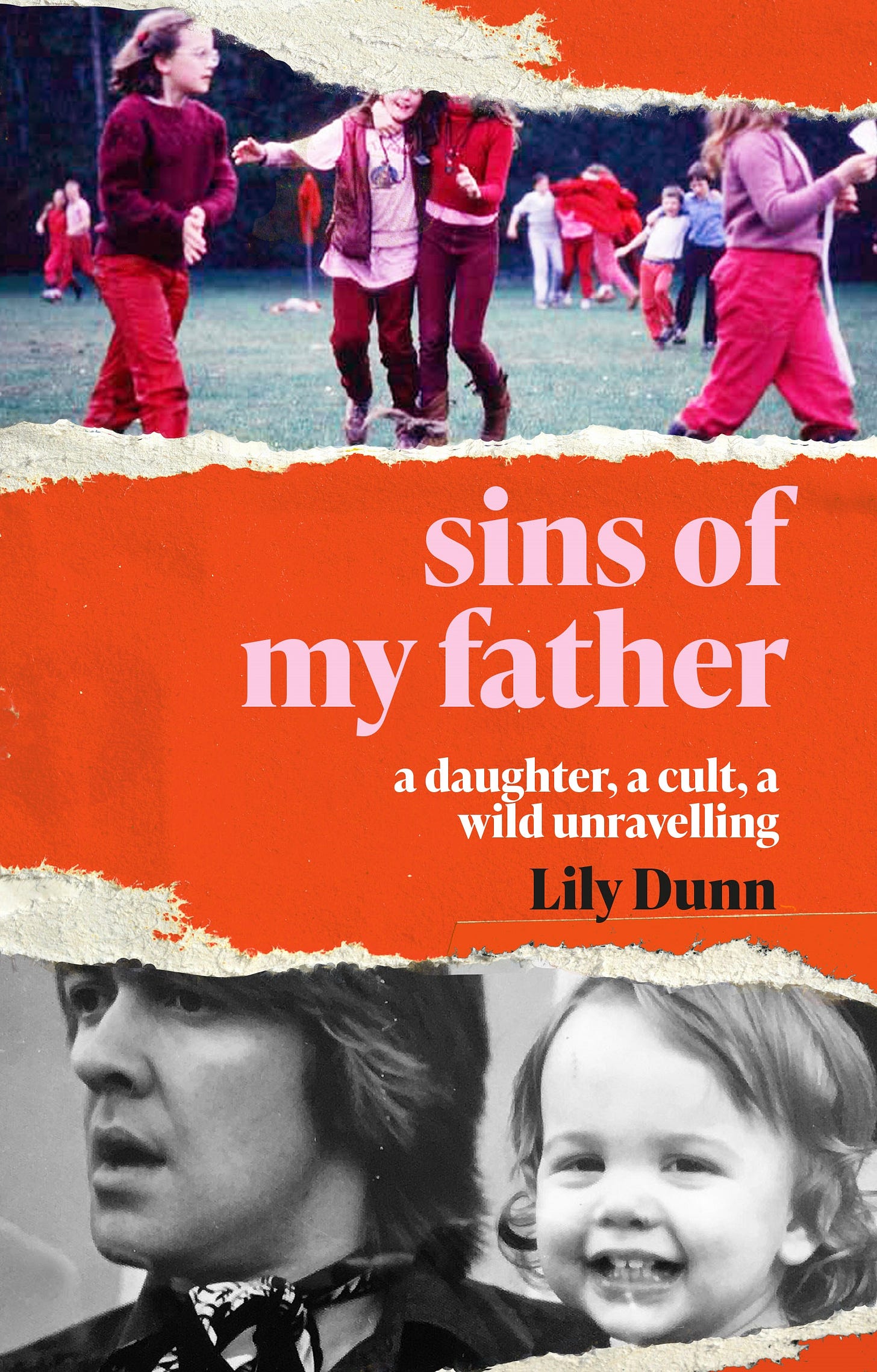 The book cover of The Sins of My Father is a torn-like red paper revealing images of children, and a child with likely their father.