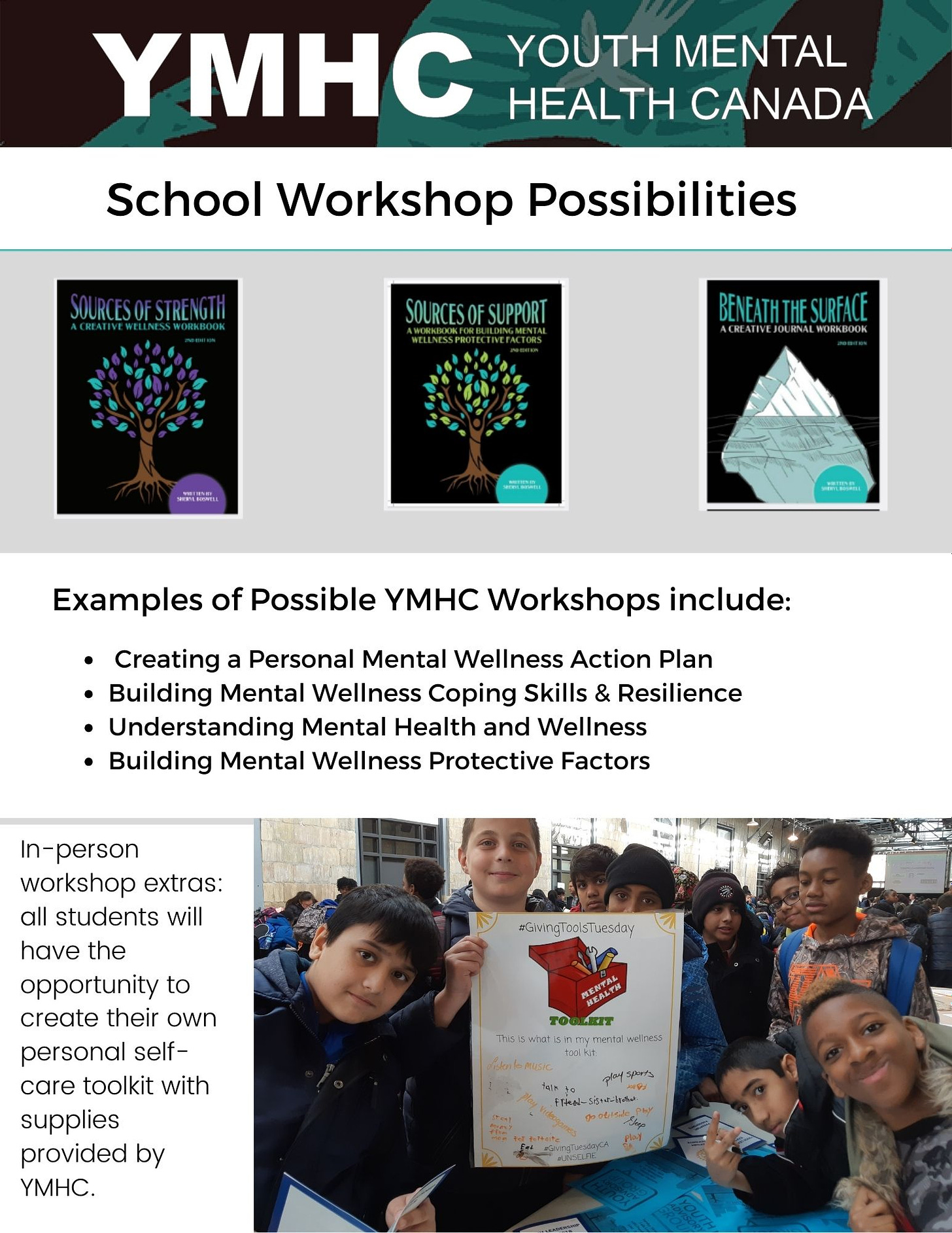 School Workshop Possibilities Examples of Possible YMHC Workshops include: Creating a Personal Mental Wellness Action Plan Building Mental Wellness Coping Skills & Resilience Understanding Mental Health and Wellness Building Mental Wellness Protective Factors  In-person workshop extras: all students will have the opportunity to create their own personal self-care toolkit with supplies provided by YMHC.