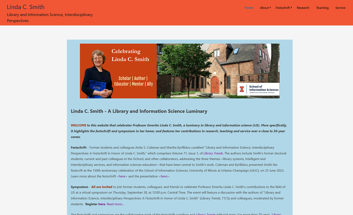 Screenshot of the Linda C. Smith Festschrift website, http://lindacsmith.web.illinois.edu/