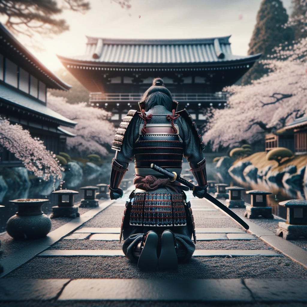 Imagine a powerful scene from a first-person perspective where a swordless samurai, in full traditional armor, is bowing deeply in front of us in a gesture of reverence and respect. The background features a tranquil Japanese garden, with stone paths, cherry blossoms gently falling, and a calm pond visible, enhancing the solemn and respectful atmosphere. The focus is on the samurai's expression of honor without his sword, highlighting the depth of his commitment and respect towards us, inviting a moment of cultural significance and mutual understanding.