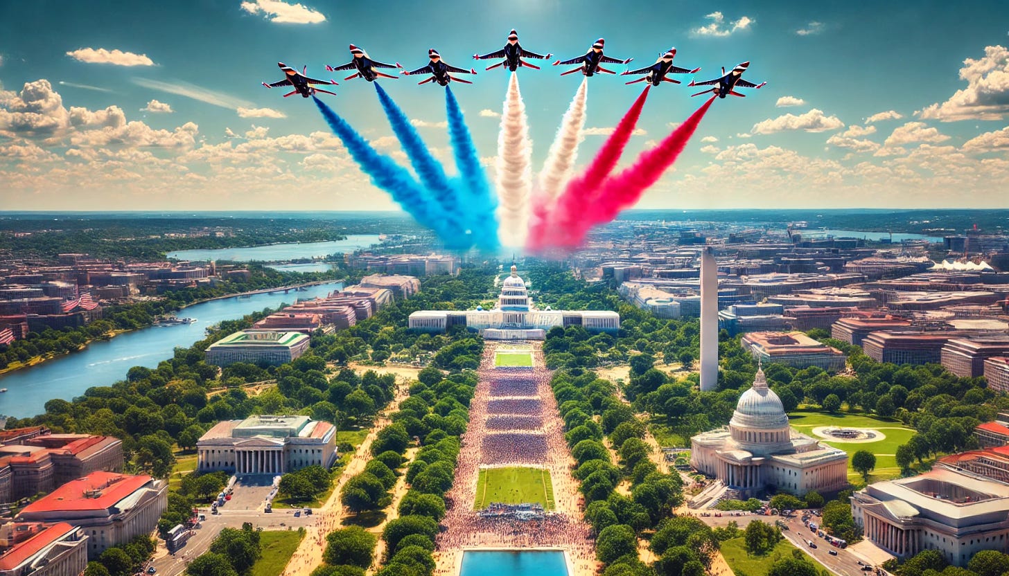 A stunning image of military fighter jets flying in a formation over Washington, D.C., with the iconic landmarks such as the Capitol Building and the Washington Monument visible below. The jets leave trails of red, white, and blue contrails streaming across a clear blue summer sky, creating a patriotic and powerful display. The atmosphere is vibrant and sunny, with green trees lining the National Mall below, enhancing the grandeur of the scene.