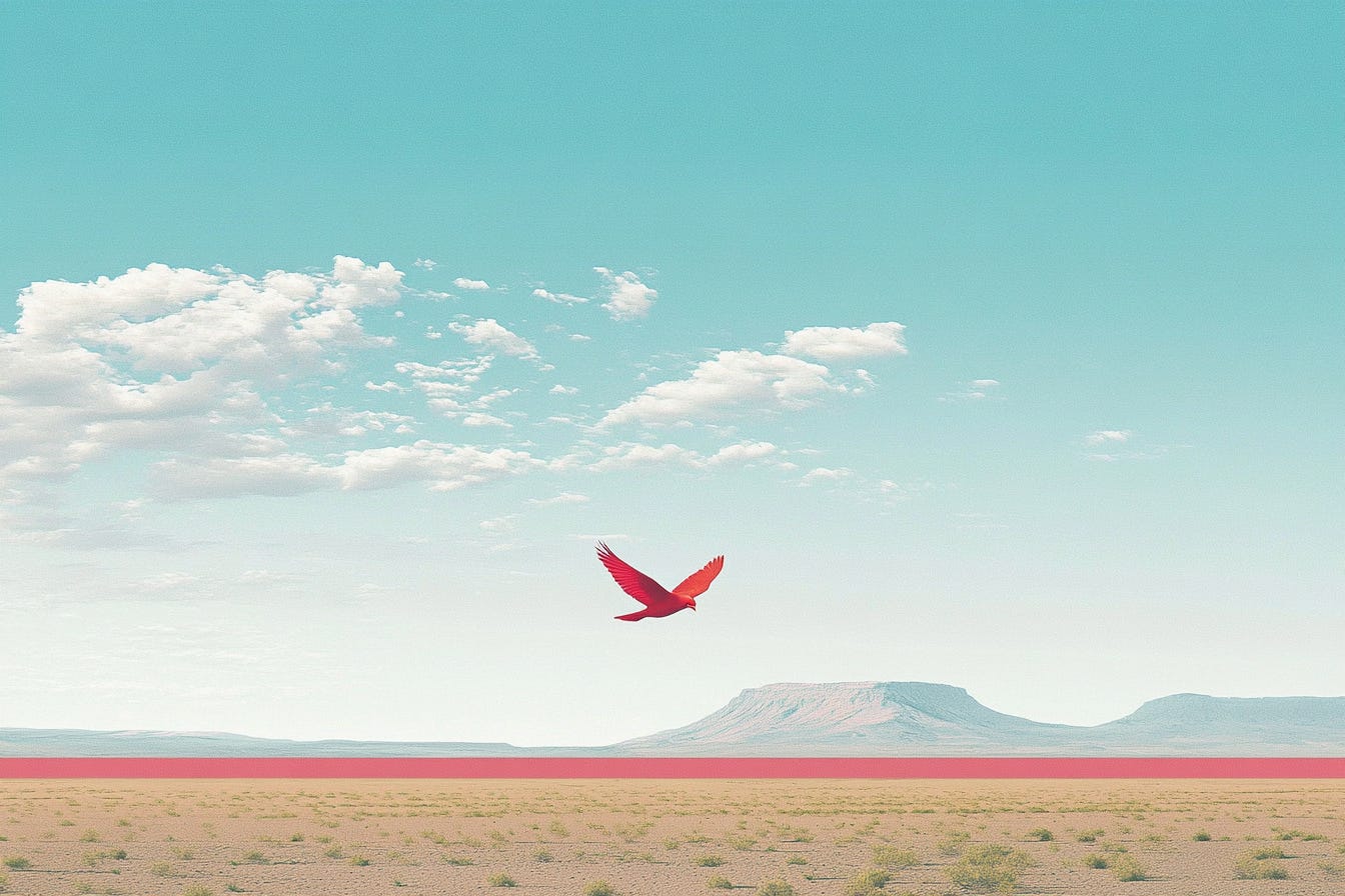 illustration of a red bird flying over a desert