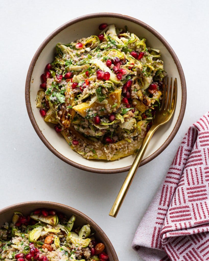 Finished Shaved Brussels Sprouts Salad with Pomegranate Dressing & Chili Almonds