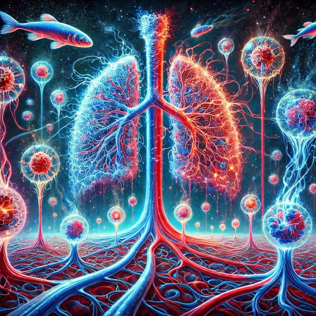 A surreal depiction of the human respiratory system reimagined as an electrical circuit, with vibrant blue and red flows representing electron transfer. The lungs are depicted as glowing nodes emitting electric sparks, while capillaries appear as fine, luminous wires connecting the lungs to the body. Hemoglobin is represented as dynamic, color-shifting orbs switching between glowing red and blue. A backdrop of deep-sea fish surrounded by faint bioluminescent glow symbolizes survival in oxygen-poor environments, contrasted with the cellular landscape, where structures of 'EZ water' glow with an ethereal, electrified aura. The entire scene combines scientific precision with artistic abstraction, using expressive strokes and bold colors.