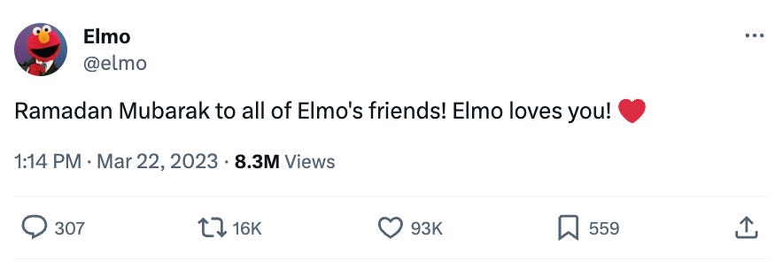 Tweet that says Ramadan Mubarak to all of Elmo's friends! Elmo loves you! ❤️