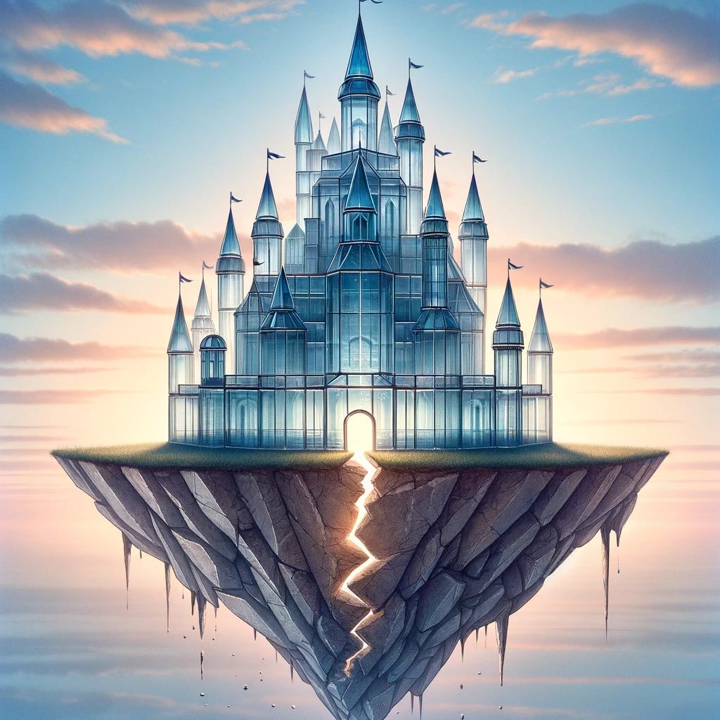 A visual metaphor highlighting the fragility of trust and the impact of deception. The image depicts a beautifully constructed glass castle, representing the structure of trust built over time, with a small crack starting to form at its base due to a tiny lie, symbolizing how even minor deceit can threaten the entire foundation. This representation emphasizes the delicate balance and transparency required to maintain trust. The background of the illustration is a serene sky, suggesting the ideal state of clarity and honesty in relationships, while the crack in the castle serves as a poignant reminder of trust's vulnerability to even the smallest falsehoods.