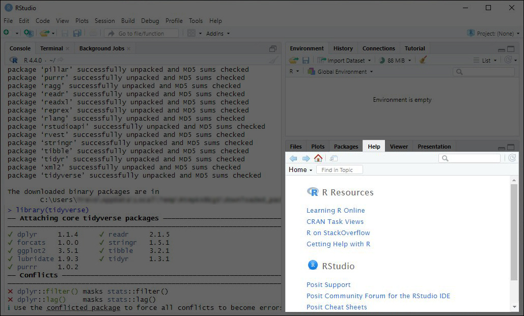 A screenshot highlighting the Help tab in the RStudio interface.