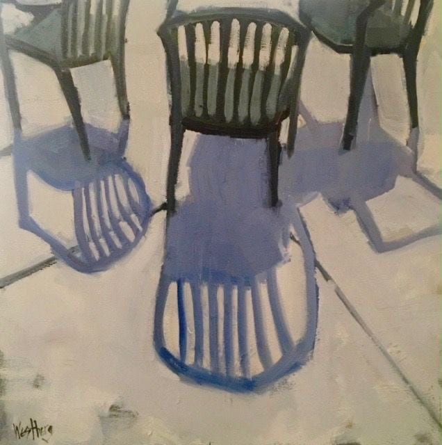 Painting of 3 empty chairs, casting shadows on the pavement