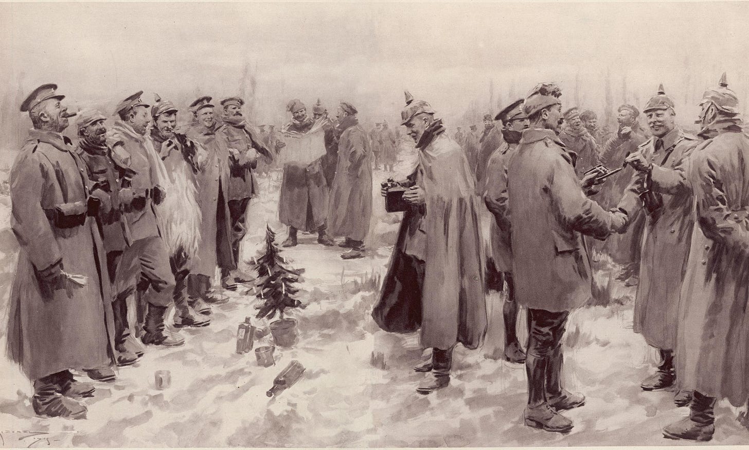 ww1 soldiers meeting in no-man's land to gather around a tiny christmas tree