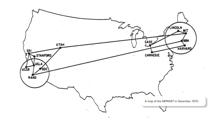 Image of DARPA-era diagram of early internet, 1970