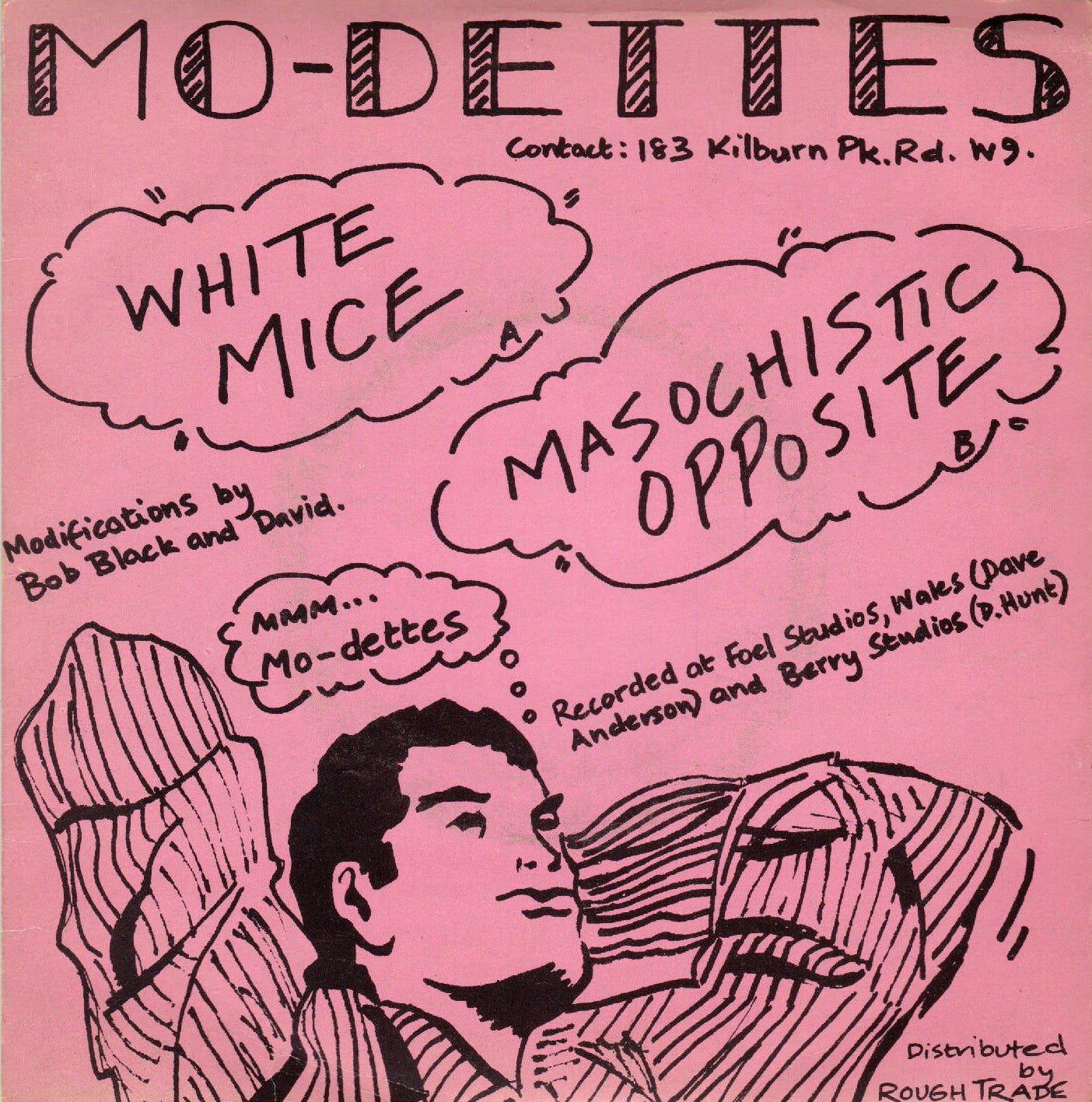 The cover of the "White mice" single: a pink background with hand-drawn image and writing. A picture of a man in shirtsleeves and the title of the single in a think-cloud.