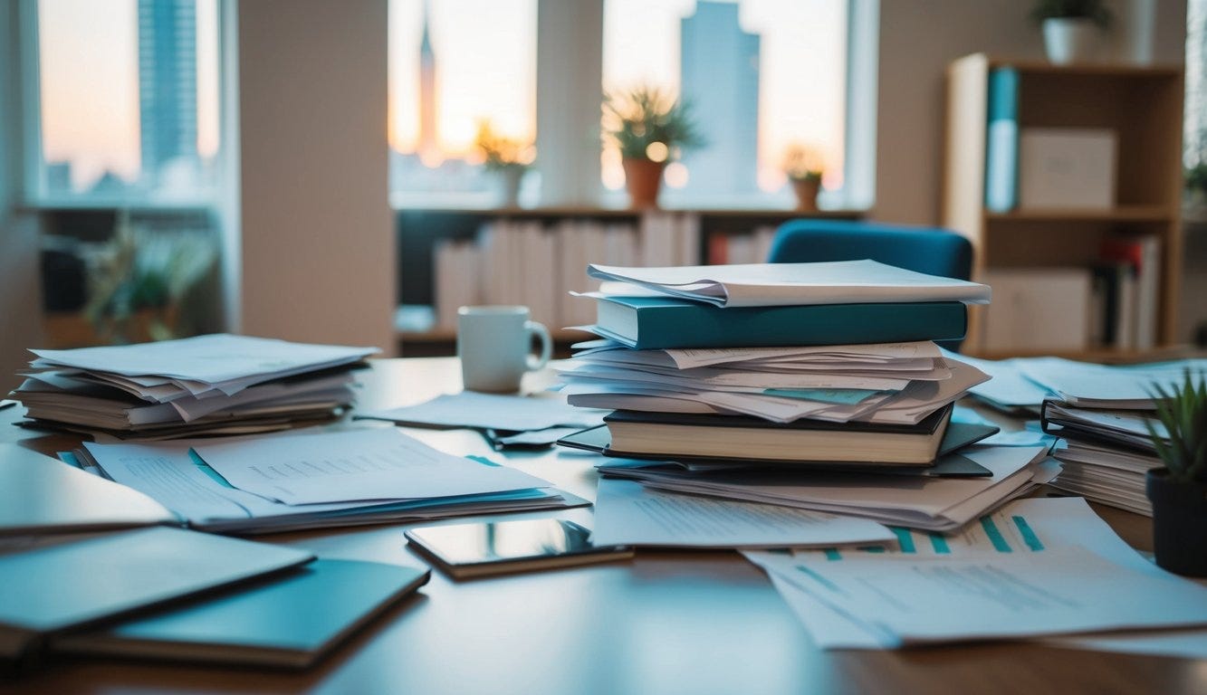 A disorganized desk with scattered papers and unopened coding books