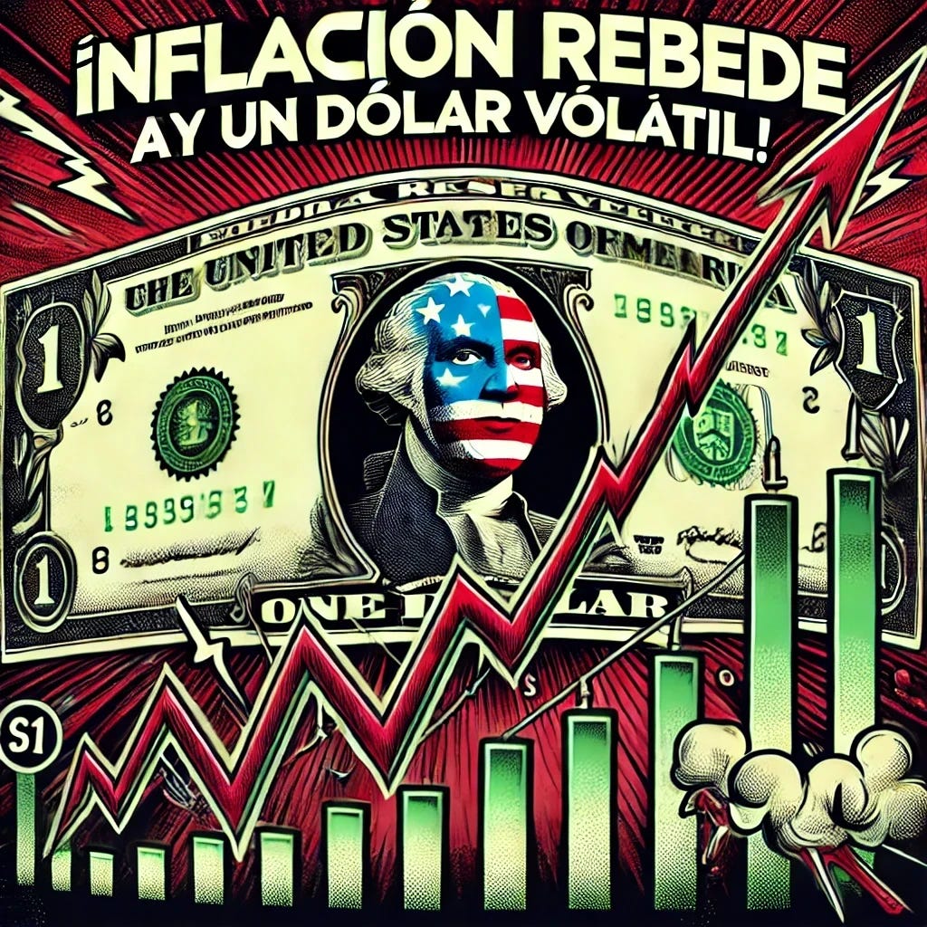 A dramatic pop-art style illustration depicting financial chaos with a rebellious inflation theme. The image features a large dollar bill with a rollercoaster line graph indicating extreme market volatility. A green and red candlestick chart is in the background, while the dollar bill appears distorted and chaotic. Lightning bolts and bursts of energy surround the scene to emphasize tension. The text '¡Inflación Rebelde y un Dólar Volátil!' prominently displayed in bold, stylish letters at the top. The design is clean and professional with sharp lines, minimalistic yet impactful, and a color scheme focused on reds, greens, and metallics, but with all distracting or unnecessary elements removed for a cleaner look.