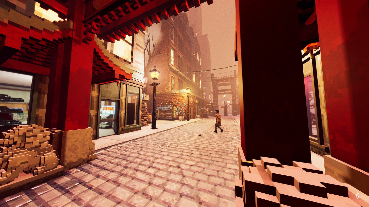 A screenshot of the game "Shadows of Doubt" showing a voxel noir city street.