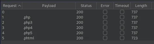 Output from Intruder, showing different length value for .phtml extension.