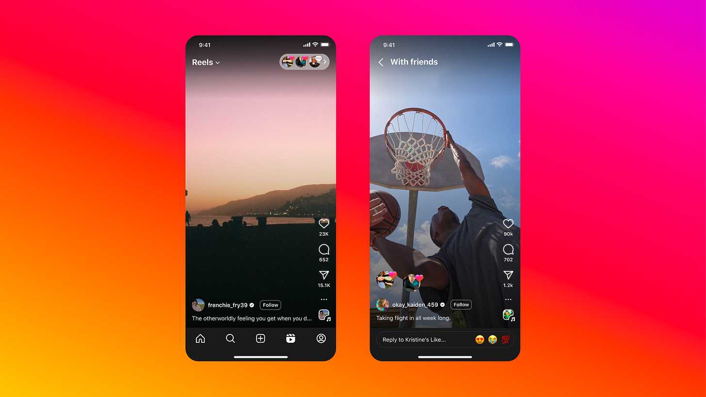 Screenshot of two mobile screens showing Instagram Reels and its new feature Reels with Friends that displays what your friends are watching and liking