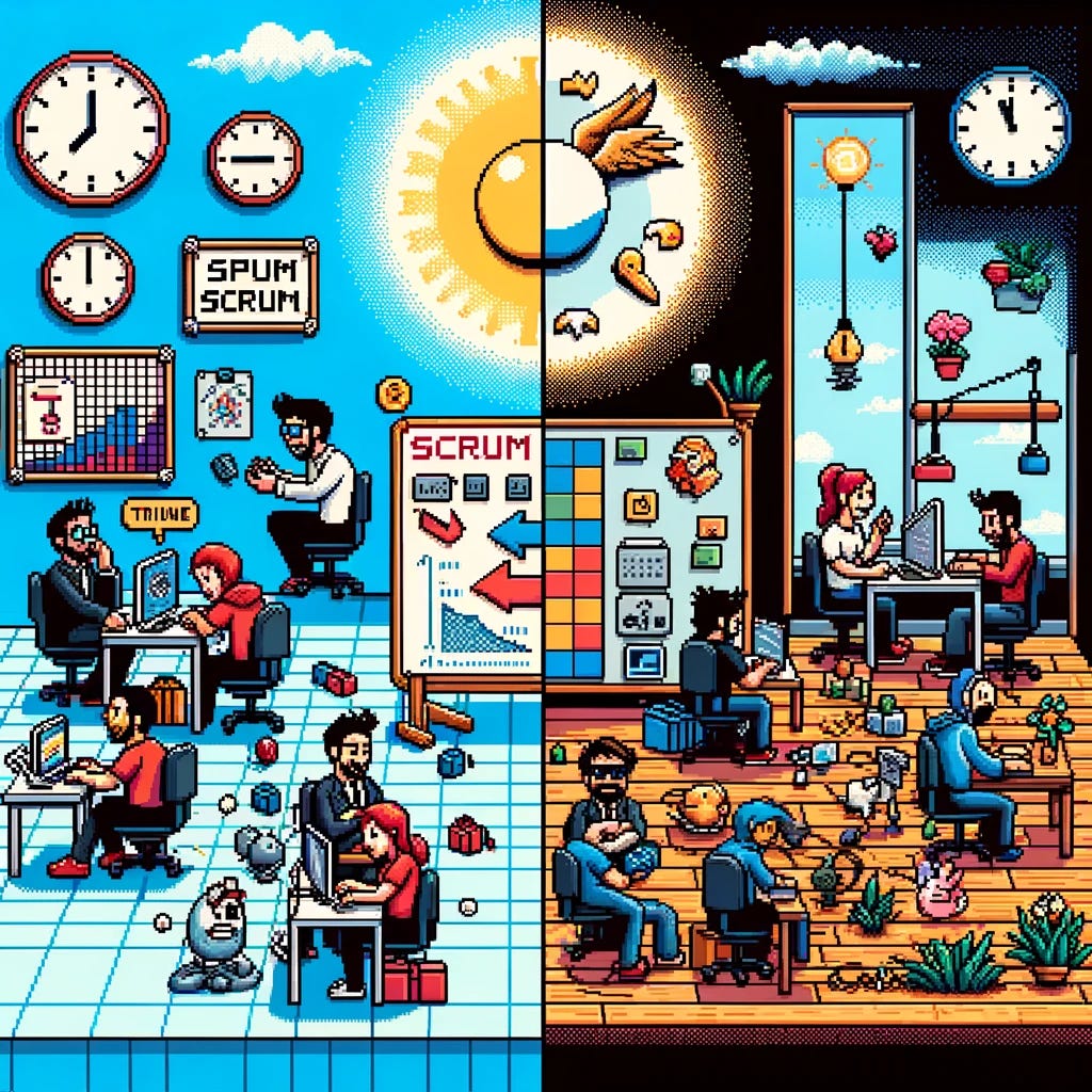 A retro style, pixel art image illustrating the transition from Scrum to Pulse Development in software engineering. The left side depicts a pixelated, chaotic office environment with stressed characters in front of computers, playing a board game labeled 'Scrum,' symbolizing inefficiency and the game-like nature of work. The right side shows a calm, productive workspace in pixel art, with relaxed characters working in a more natural, rhythmic pattern, representing the Pulse Development method. The divide between the two sides is evident, highlighting the shift from rigid, timeboxed tasks to a work style that values creativity and high-quality output. Visual metaphors in pixel art include clocks showing stretched time on the Scrum side and a balanced work-rest cycle on the Pulse side, pixelated plants and nature elements on the Pulse side to signify growth and natural rhythms, and a pixelated light bulb above a character's head to indicate innovation and Noble Work.