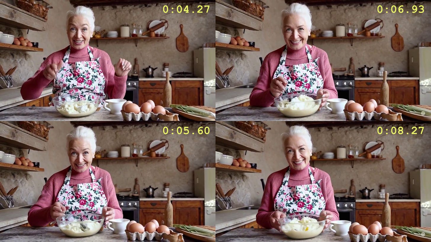four frames from an AI-generated video of a chef.  In two of the frames, the chef is holding a spoon; in the others, the spoon is mysteriously absent