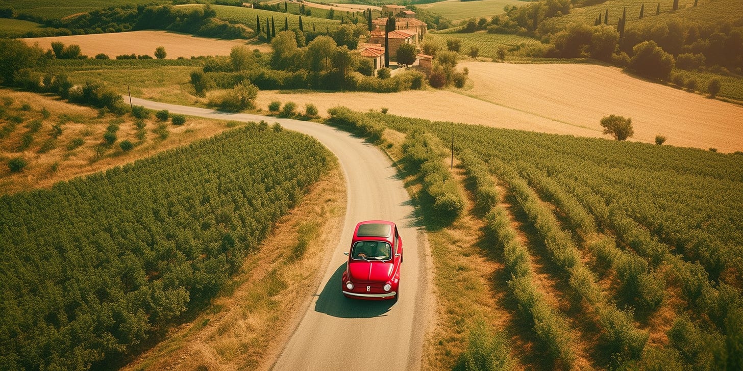 A candy red fiat 500 driving through the Tuscan countryside seen from above, Italian Renaissance style, bright, colorful, vivid,