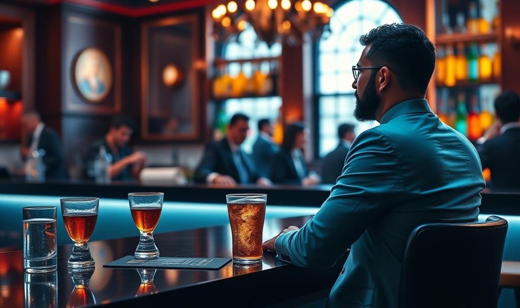 AI generated image of a man sitting at an upscale bar