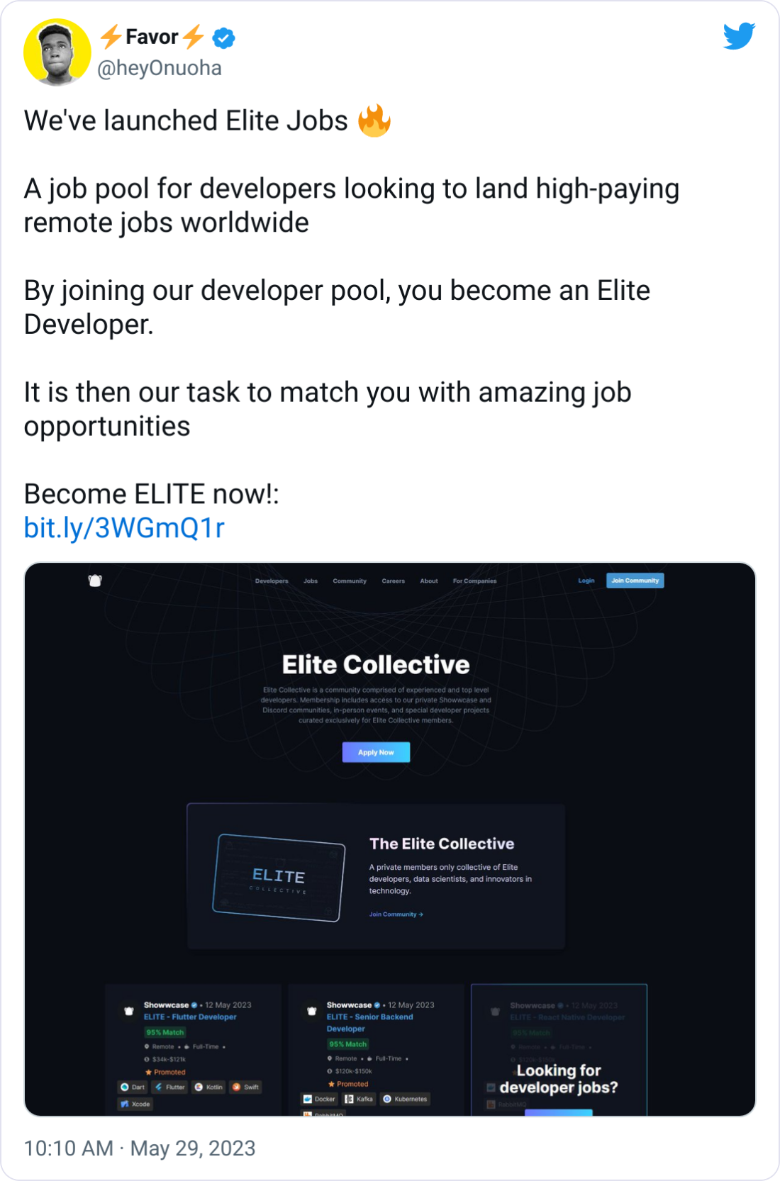⚡Favor⚡ @heyOnuoha We've launched Elite Jobs 🔥  A job pool for developers looking to land high-paying remote jobs worldwide  By joining our developer pool, you become an Elite Developer.  It is then our task to match you with amazing job opportunities  Become ELITE now!: https://bit.ly/3WGmQ1r