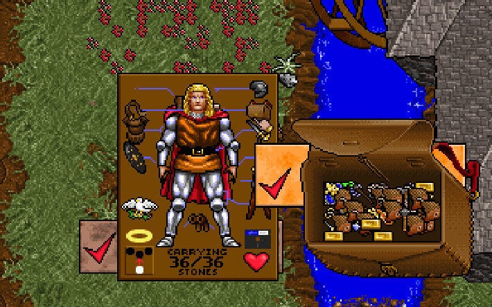 A screenshot from Ultima VII The Complete Edition. The character inventory is shown, as well as the character paper doll showcasing what is currently equipped.