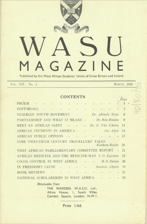 Cover of WASU magazine, March 1945, a student journal with a text-only cover on yellowing paper