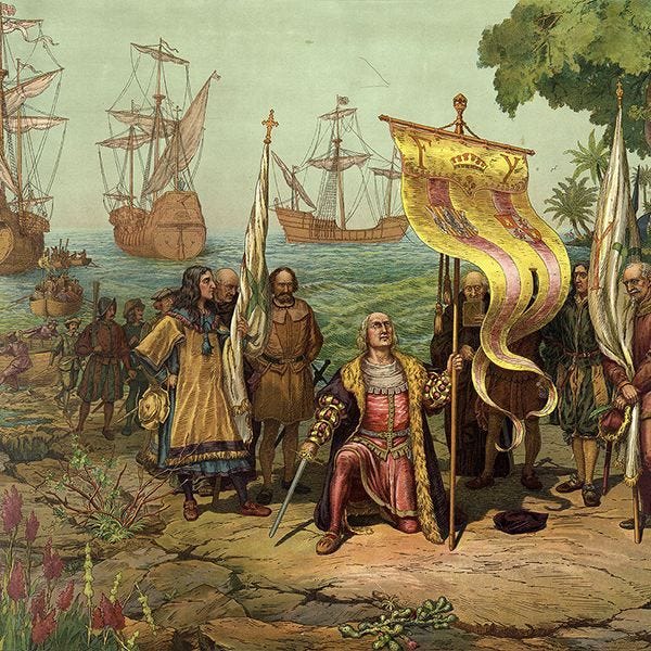 This may contain: an old painting of men and women standing in front of a ship with flags on it