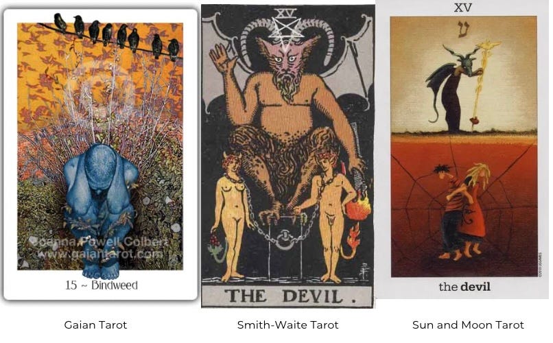 Three examples of the Devil Card from the Tarot - The Gaian Tarot, The Smith-Waite Tarot, The Sun and Moon Tarot