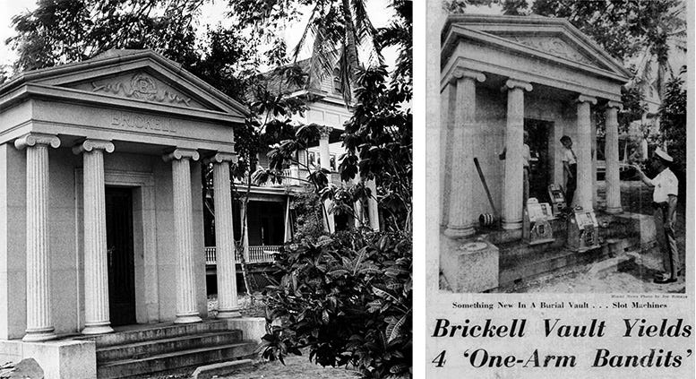 Cover: The mausoleum in 1960 (left), along with the headline in the Miami Daily News on July 18, 1961.