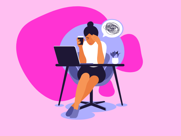 A flat drawing of a woman stressing out at her work desk while holding coffee in one hand and her head in the other. She's surrounded by purple and hot pink aesthetic blobs on a pink background