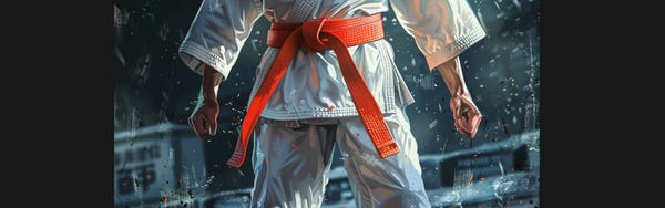 Karate practitioner in a white gi preparing to spar
