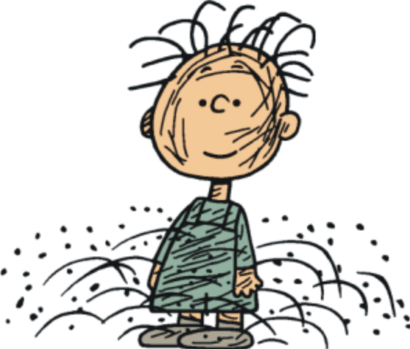 Pig Pen, a character from The Peanuts comics, stands in a blue-green shirt with dirt all over his face and falling to the ground from his body