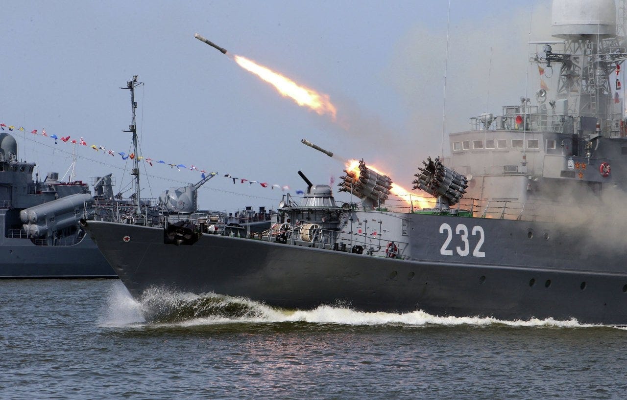 Russian Parchim class corvette Kalmykia (MPK 229) firing two RBU-6000 ...