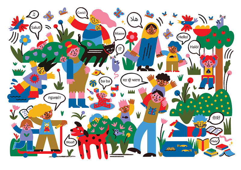 Colourful illustration of people saying hello in various languages