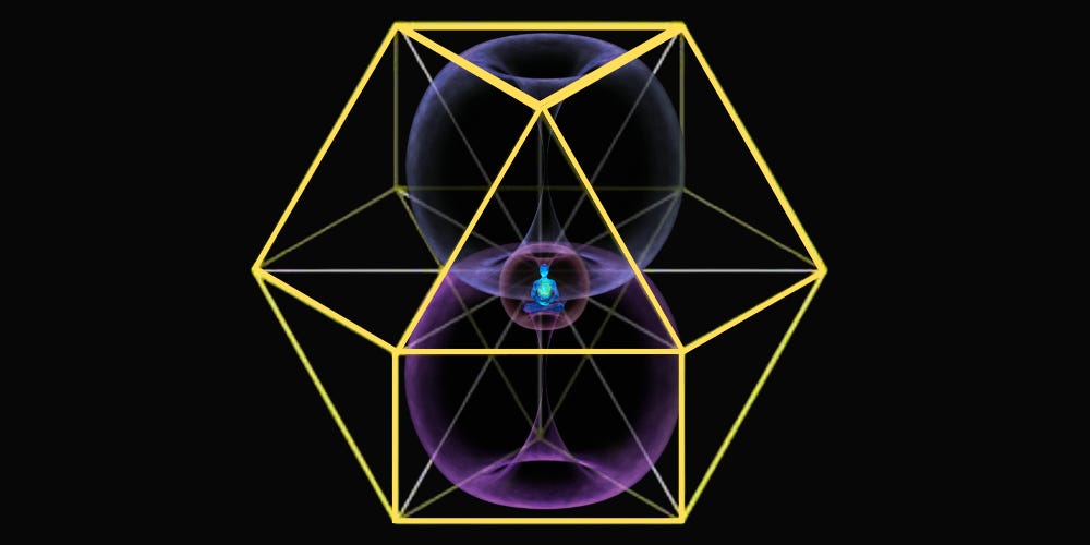The entire container of presence. A vector equilibrium structure surrounds the dark blue torus of the container of time and the violet colored container of being. These two toruses are stacked atop one another. In the very center of it all is the person seated in a meditation pose within their own torus. 