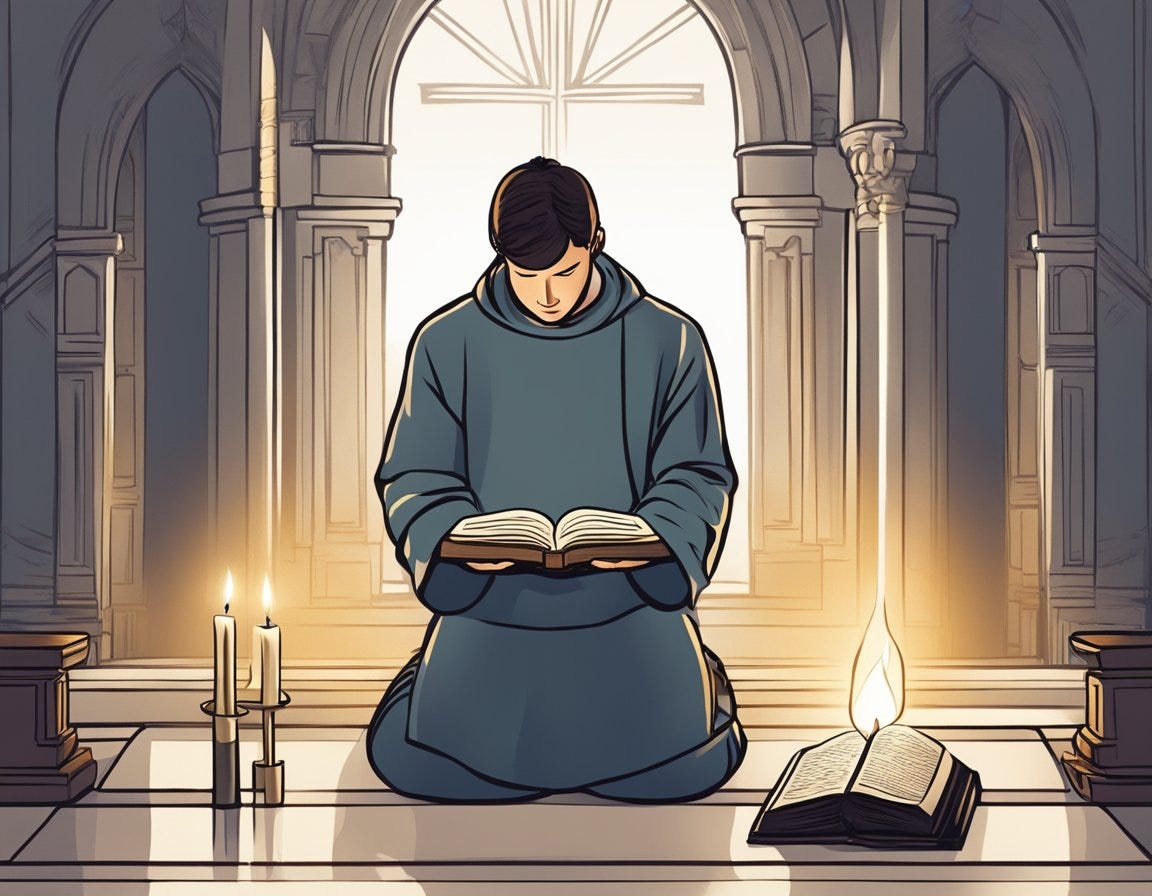 A person kneeling in prayer, with a Bible open in front of them and a candle burning. The scene is peaceful and reverent, with a sense of spiritual devotion
