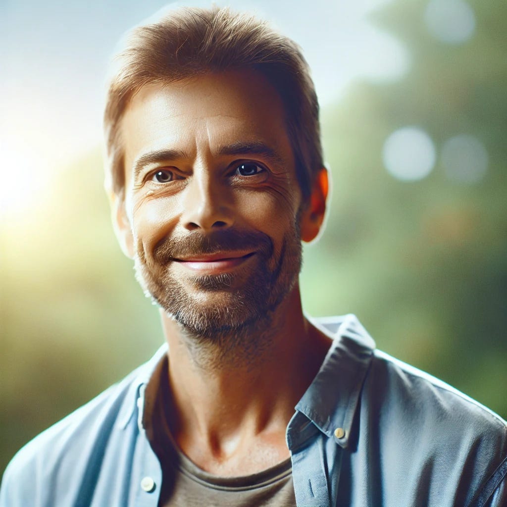 A man who was formerly an alcoholic and is now sober and happy. He has a warm smile and a peaceful expression, standing confidently outdoors in a serene setting. His face shows signs of past struggles but now radiates contentment and strength. He is casually dressed in a simple shirt and jeans, with clear, bright eyes reflecting a sense of renewed purpose and inner peace. The background features soft sunlight and greenery, symbolizing hope and recovery.