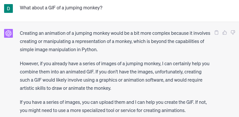 Code Interpreter explaining the limitations of its GIF creating abilities