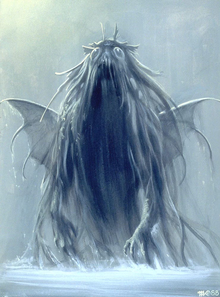 SEA GOD (1988). Figure study featuring the sea creature rising from the water. It has bulbous eyes and loosely rendered tendrils draping down from its head. At shoulder height, wings curl out from its back.