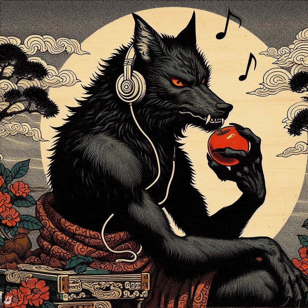 black warewolf eating an apple while listening to music byzantine Japanese woodblock scene