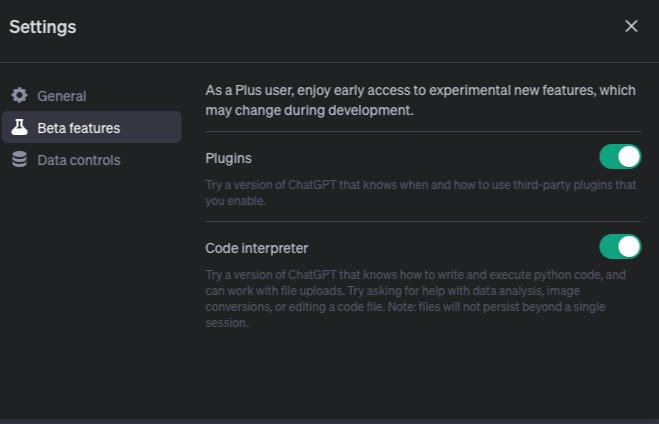 ChatGPT Settings to activate Code Interpreter