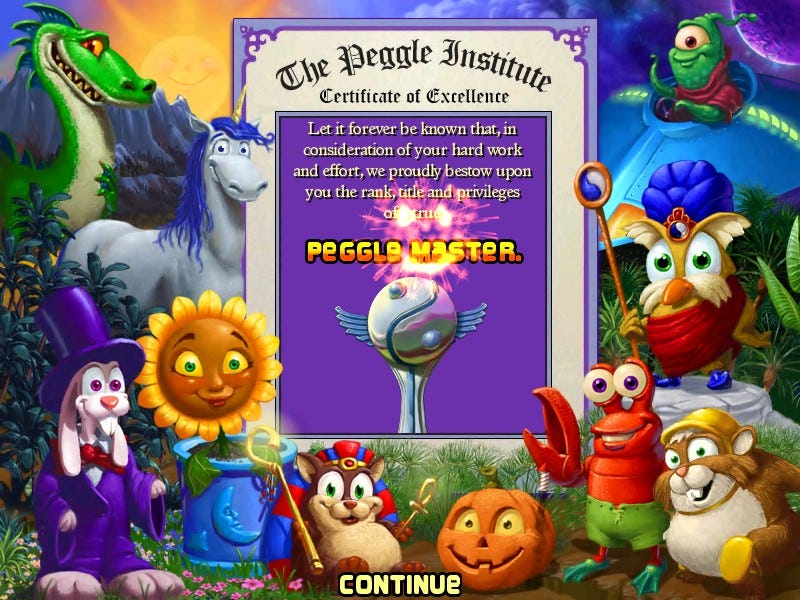 Peggle completion screen, awarding player a title of "Peggle Master"