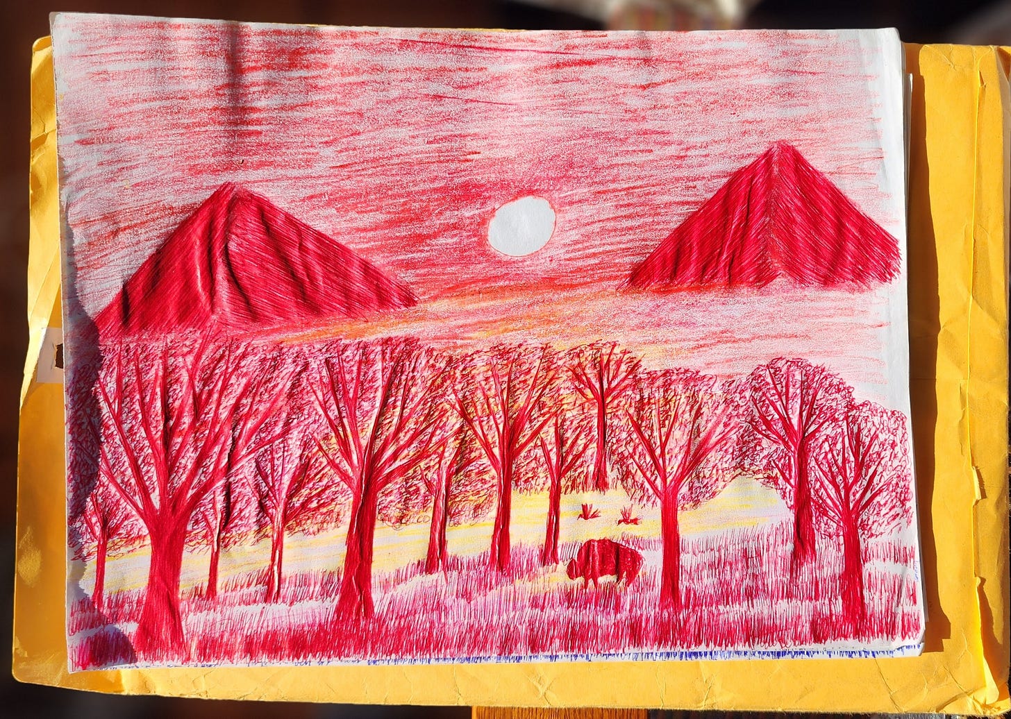 A landscape drawing by Spoon with a mountain, trees, bison, and birds, in red pen and red colored pencil