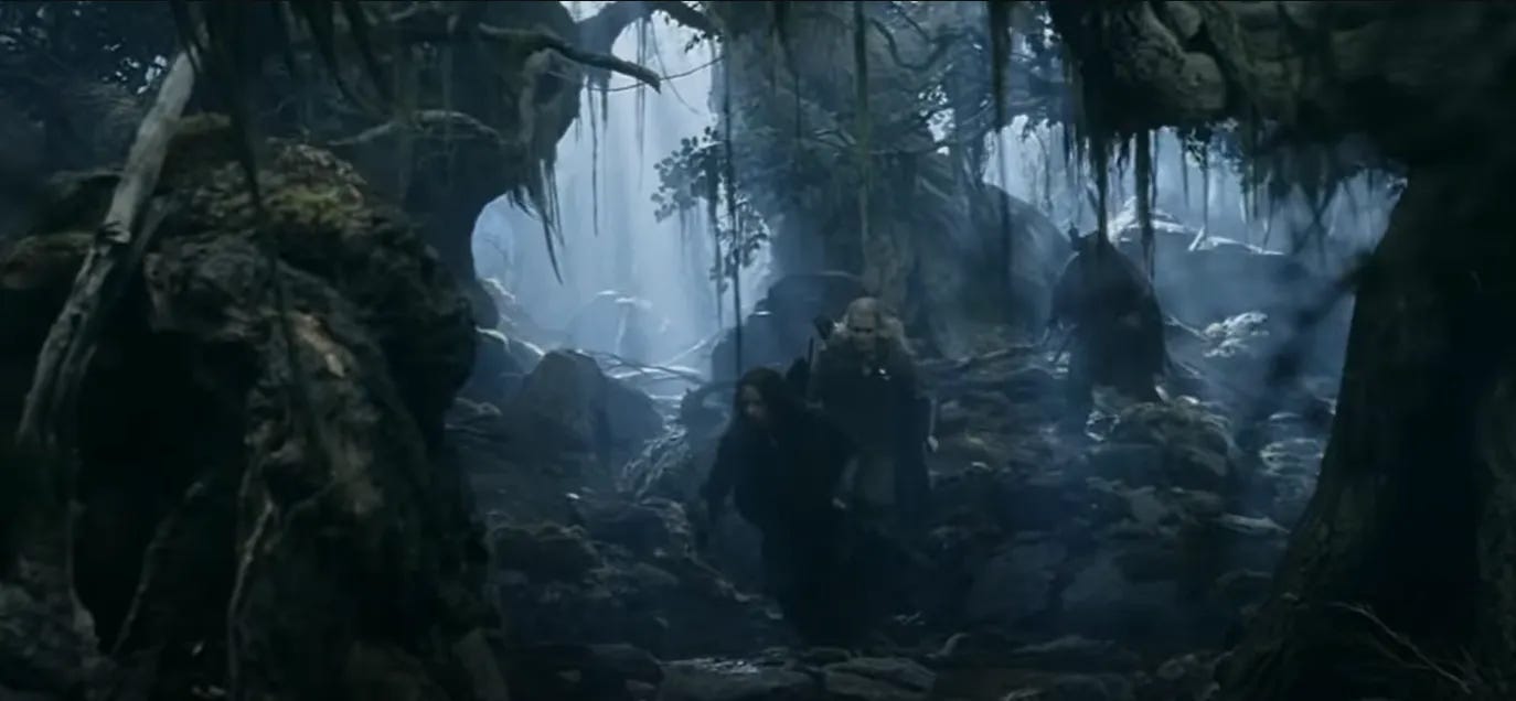 Aragorn, Legolas, and Gimlin in Fangorn Forest